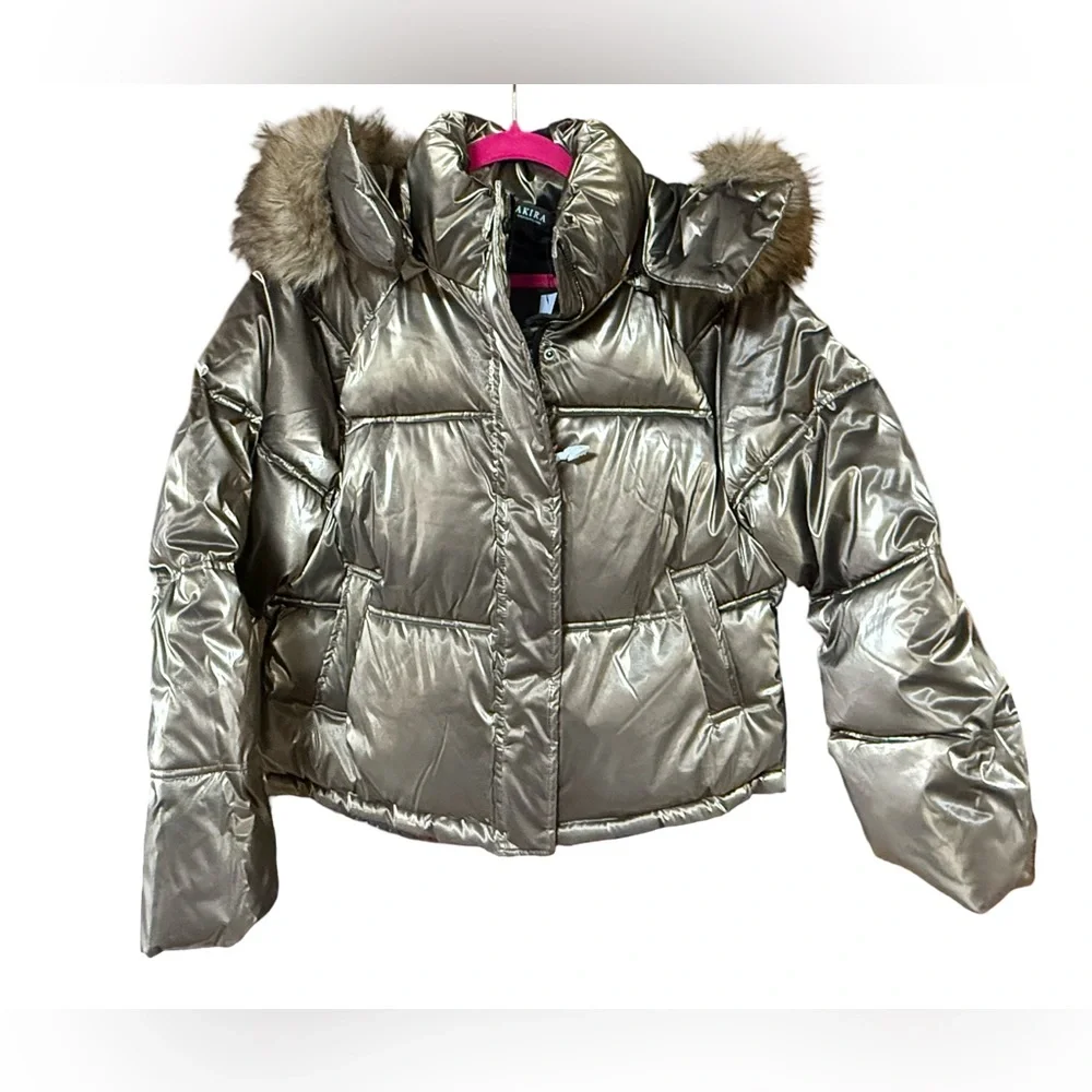 AKIRA NWT Sz L Striking Bronze Metallic Puffer Jacket & Faux Fur Hood (0724) - Picture 2 of 15